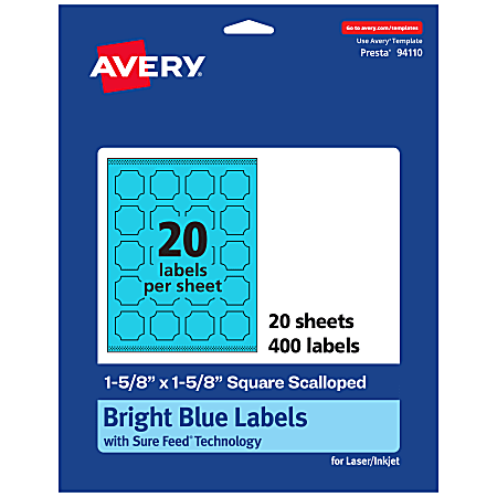 Avery® Print-To-The-Edge Labels With Sure Feed® Technology, 94110-BBP20, Square Scalloped, 1-5/8" x 1-5/8", Matte Bright Blue, Pack of 400