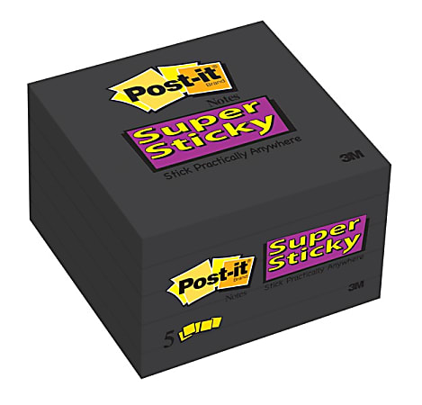 Post-it® Super Sticky Notes, 3" x 3", Black, 90 Sheets Per Pad, Pack Of 5 Pads, Black