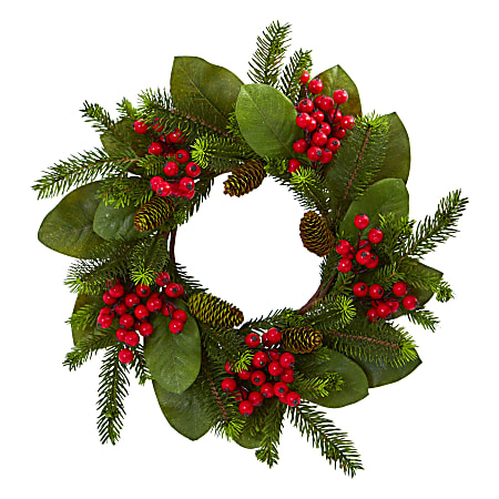 Nearly Natural Magnolia Leaf, Berry And Pine Artificial Wreath, 19” x 19”, Green