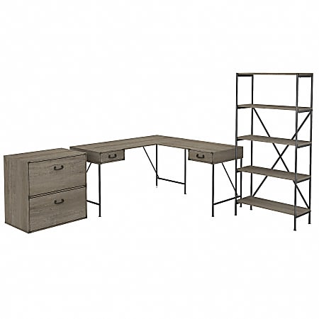 kathy ireland® Home by Bush Furniture Ironworks 60"W L-Shaped Writing Desk With Lateral File Cabinet And 5-Shelf Bookcase, Restored Gray, Standard Delivery