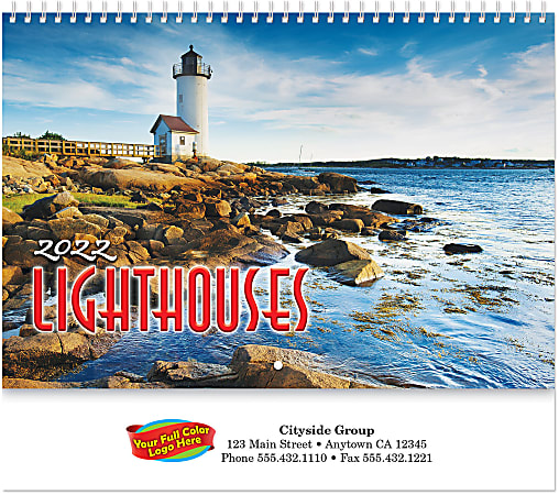 Custom Full-Color Spiral 13-Month Wall Calendar, 11" x 9-1/2", Lighthouses, December 2021 To December 2022