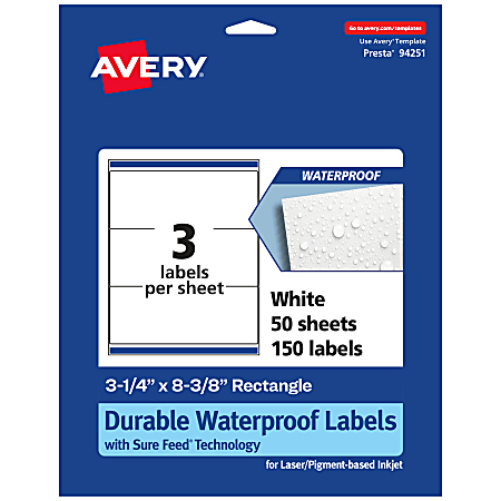 Avery® Waterproof Permanent Labels With Sure Feed®, 94251-WMF50, Rectangle, 3-1/4" x 8-3/8", White, Pack Of 150