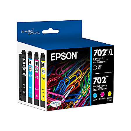 Epson® 702XL Black/702 DuraBrite® Tri-Color Ultra High-Yield/Standard Yield Ink Cartridges, Pack Of 2, T702XL-BCS