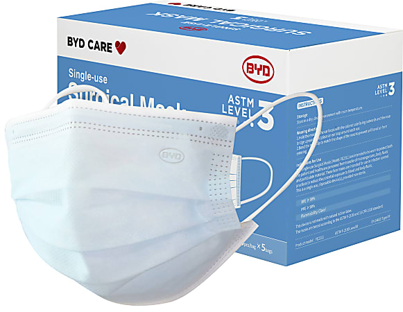 BYD Care Level 3 Surgical Masks, Adult, One Size, Blue, Box Of 50