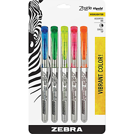 Zebra Pen Z-HL 77005 Highlighter - Chisel Point Style - Assorted, Blue, Green, Yellow, Orange - Silver Barrel - 5 / Set
