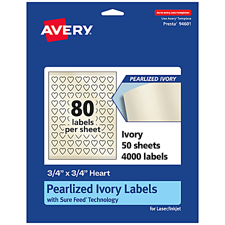 Avery® Pearlized Permanent Labels With Sure Feed®, 94601-PIP50, Heart, 3/4" x 3/4", Ivory, Pack Of 4,000 Labels
