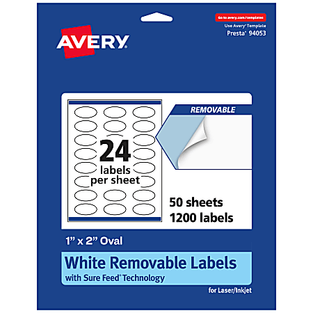 Avery® Removable Labels With Sure Feed®, 94053-RMP50, Oval, 1" x 2", White, Pack Of 1,200 Labels