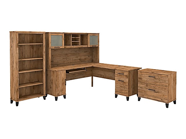 Bush Furniture Somerset 72 W L Shaped Desk With Hutch Lateral File Cabinet And Bookcase Fresh Walnut Standard Delivery Office Depot