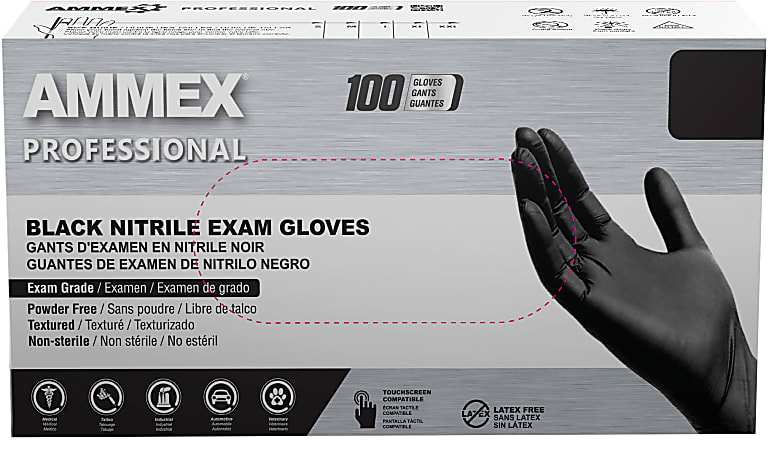 Ammex Professional Powder-Free Exam-Grade Nitrile Gloves, Large, Black, Box Of 100 Gloves