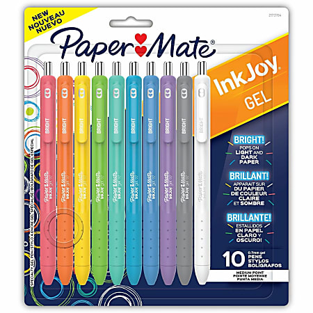 Paper Mate InkJoy Bright Pens, Gel Pens, Medium Point (0.7mm), Retractable, Assorted Brighter Colors, 10 Count