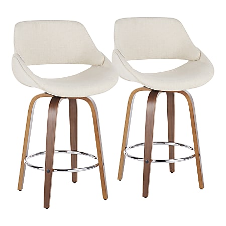 LumiSource Fabrico Counter Stools, Cream Seat/Walnut Frame/Silver Round Footrest, Set Of 2 Stools