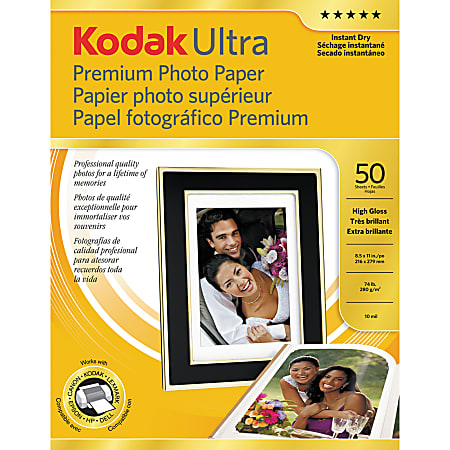 Kodak® Ultra-Premium Photo Paper, High Gloss, Letter Size (8 1/2" x 11"), 10 Mil, Pack Of 50 Sheets