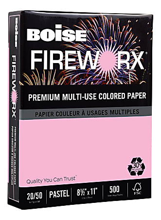 Boise® FIREWORX® Color Multi-Use Print & Copy Paper, 10 Reams, Powder Pink, Letter (8.5" x 11"), 5000 Sheets Per Case, 20 Lb, 30% Recycled, FSC® Certified