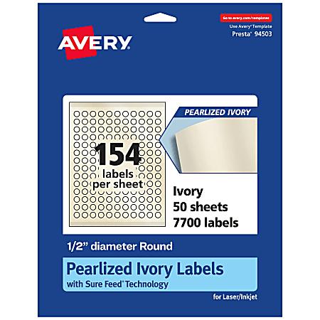 Avery® Pearlized Permanent Labels With Sure Feed®, 94503-PIP50, Round, 1/2" Diameter, Ivory, Pack Of 7,700 Labels