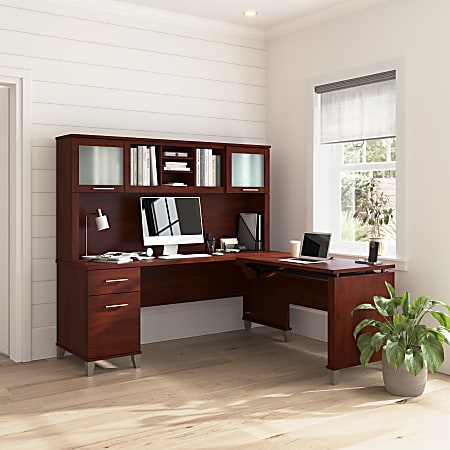 Bush Home Somerset 72"W 3-Position Sit-to-Stand L-Shaped Desk With Hutch, Hansen Cherry, Standard Delivery