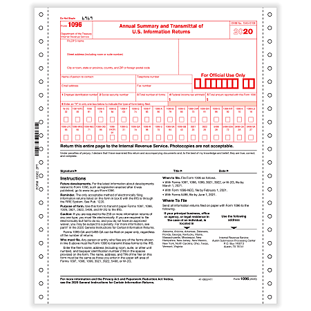 ComplyRight™ 1096 Transmittal Tax Forms, Continuous, 9" x 11", Pack Of 100 Forms