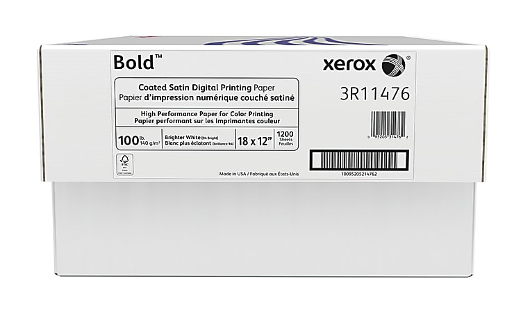 Xerox® Bold Digital™ Coated Satin Printing Paper, Tabloid Extra Size (18" x 12"), 94 (U.S.) Brightness, 100 Lb Text (144 gsm), FSC® Certified, 400 Sheets Per Ream, Case Of 3 Reams