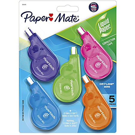 Paper Mate® Liquid Paper® DryLine® Mini Fashion Correction Tape, 1 Line x 196", Assorted Fashion Colors, Pack Of 5