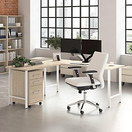 Bush Business Furniture Hustle 72"W L-Shaped Corner Computer Desk with 3 Drawer Mobile File Cabinet, Natural Elm, Standard Delivery Service, HUS005NE