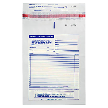Patient Valuables Tamper Evident Form and Plastic Bag Combination, Sequentially Numbered, 10" x 13", Pack of 2,500