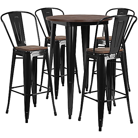 Flash Furniture Round Metal Bar Table Set With 4 Stools, 42"H x 30"W x 30"D, Black