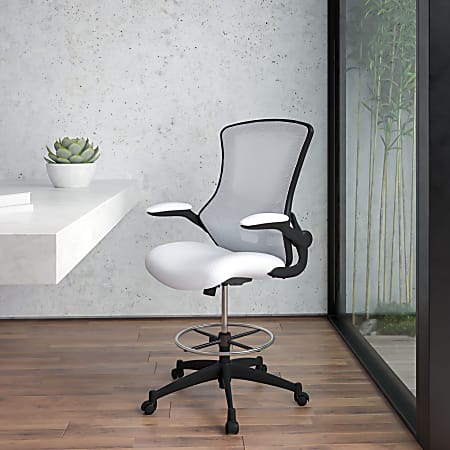 Flash Furniture Mid-Back Mesh Ergonomic Drafting Chair with Adjustable Foot Ring and Flip-Up Arms, White