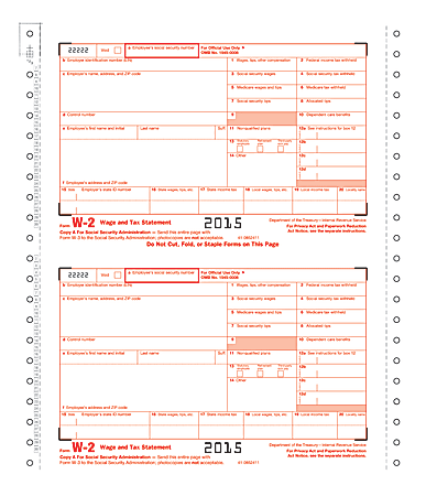 ComplyRight W-2 Continuous Tax Forms For 2015, 6-Part, 9 1/2" x 11", Pack Of 25 Forms