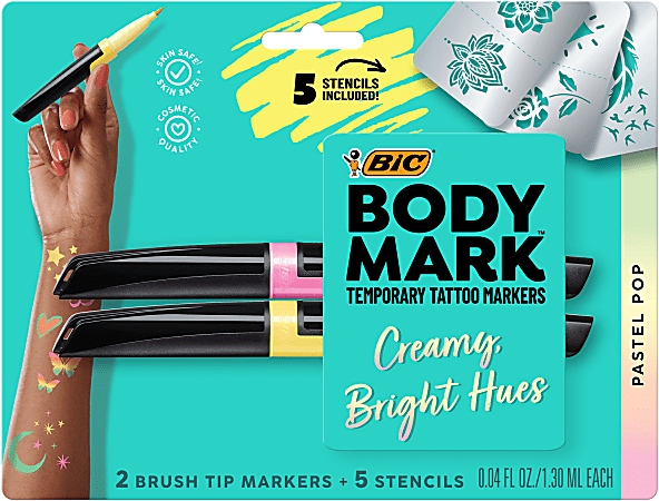 BIC BodyMark Temporary Tattoo Markers, Flexible Brush Tips, Black Barrels, Pastel Pink And Yellow Ink, Pack Of 2 Markers