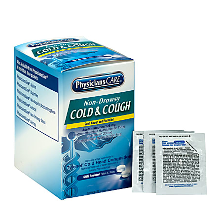 PhysiciansCare Cold And Cough Congestion Medication, 2 Tablets Per Packet, Box Of 50 Packets