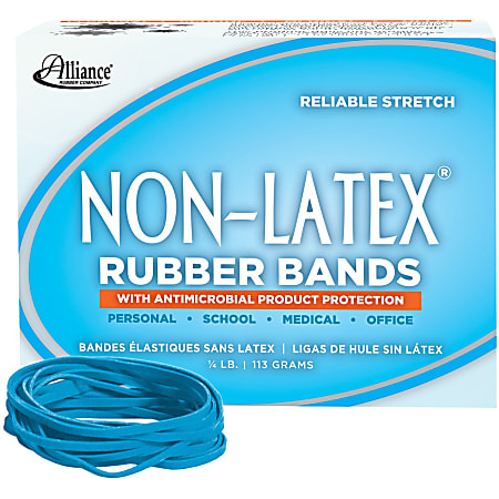 Alliance® Rubber Non-Latex® Rubber Bands with Antimicrobial Protection, Size #33 (3-1/2" x 1/8"), Cyan, Approx. 180 Bands per 1/4 lb. Box