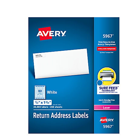 Avery® Laser Address Labels With Sure Feed® Technology, Return, AVE5967, 1/2" x 1 3/4", White, Pack Of 20,000