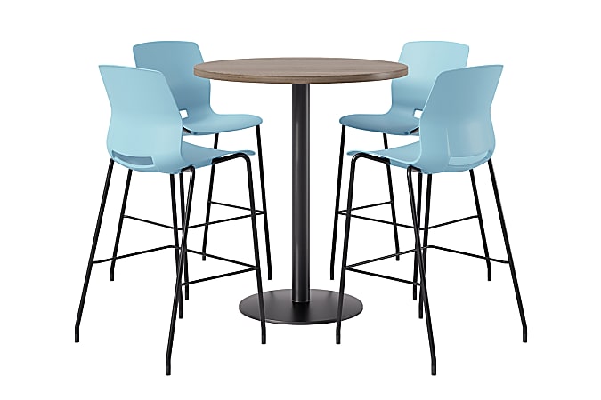 KFI Studios Proof Bistro Round Pedestal Table With Imme Barstools, 4 Barstools, Studio Teak/Black/Sky Blue Stools