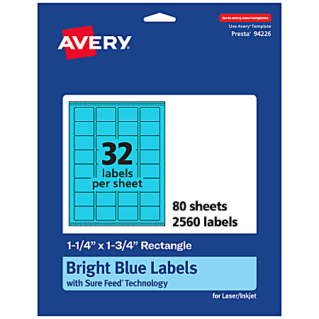 Avery® Printable Labels With Sure Feed® Technology, 94226-BBP80, Rectangle, 1-1/4" x 1-3/4", Matte Bright Blue, Pack of 2560