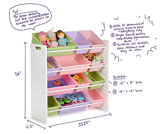 Honey can do SRT 01603 Kids Toy Organizer and Storage Bins WhitePastel 12 x  Bin 36 Height x 12.5 Width33.3 Length Durable Heavy Duty Stain Resistant  Rounded Corner Sturdy White Pastel Frame