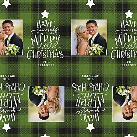Custom Full-Color Gloss Finish Wrapping Paper, Standard Roll, 7' x 29-1/4", Merry Christmas Green Plaid With Photos