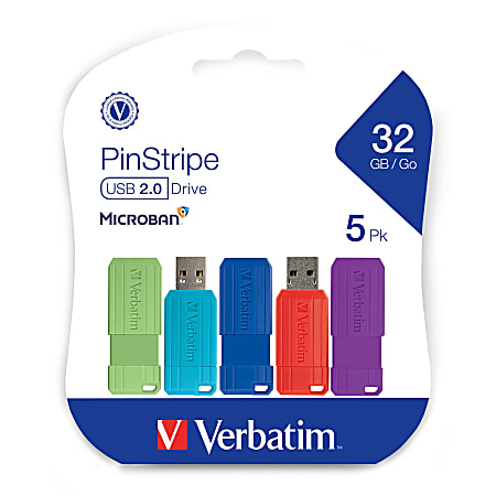 Verbatim PinStripe USB 2.0 Flash Drives, 32GB, Assorted