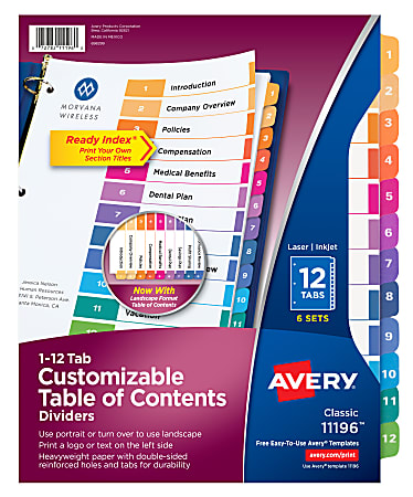 Avery® Ready Index® 1-12 Tab Binder Dividers With Customizable Table Of Contents, 8-1/2" x 11", 12 Tab, White/Multicolor, Pack Of 6 Sets