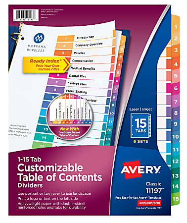 Avery® Ready Index® 1-15 Tab Binder Dividers With Customizable Table Of Contents, 8-1/2" x 11", 15 Tab, White/Multicolor, Pack Of 6 Sets