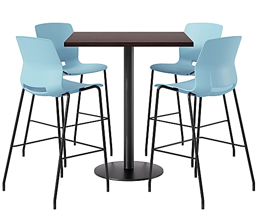 KFI Studios Proof Bistro Square Pedestal Table With Imme Bar Stools, Includes 4 Stools, 43-1/2”H x 36”W x 36”D, Cafelle Top/Black Base/Sky Blue Chairs