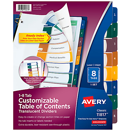 Avery® Ready Index® Plastic Dividers, 8-Tab & Table Of Contents, Multicolor