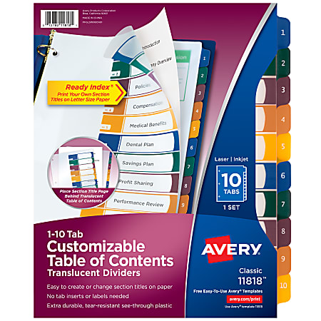 Avery® Ready Index® Plastic Dividers, 10-Tab & Table Of Contents, Multicolor