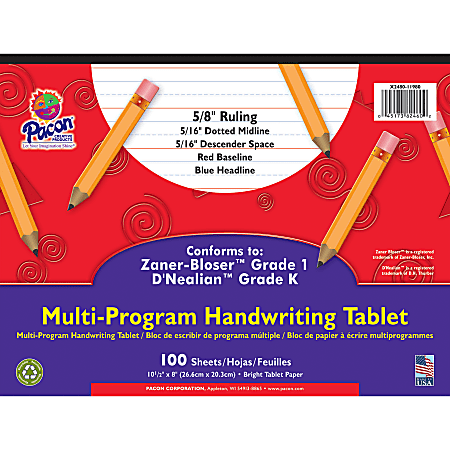 Pacon® Zaner Bloser 1st Grade/D'Nealian Kindergarten Handwriting Paper, 10 1/2" x 8", 100 Sheets