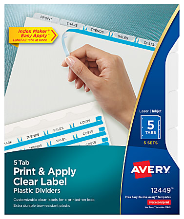 Avery® Print & Apply Clear Label Translucent Plastic Dividers with Index Maker® Easy Apply™ Printable Label Strip, 5 Frosted Clear Tabs, Pack Of 5 Sets