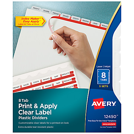 Avery® 8 Tab Plastic Dividers For 3 Ring Binder, Easy Print & Apply Clear Label Strip, Index Maker® Customizable, Frosted White, Pack Of 5 Sets