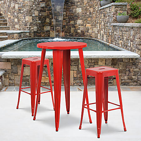 Flash Furniture Commercial-Grade Round Metal Indoor/Outdoor Bar Table Set With 2 Square-Seat Backless Stools, 41"H x 24"W x 24"D, Red