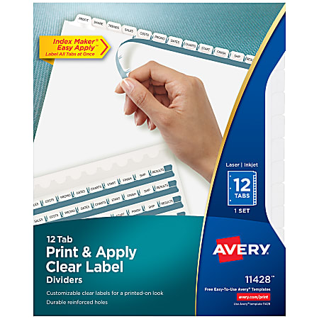 Avery® Customizable Index Maker® Dividers For 3 Ring Binder, Easy Print & Apply Clear Label Strip, 12 Tab, White, 1 Set