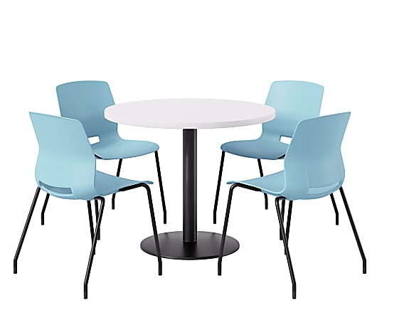 KFI Studios Midtown Pedestal Round Standard Height Table Set With Imme Armless Chairs, 31-3/4”H x 22”W x 19-3/4”D, Designer White Top/Black Base/Sky Blue Chairs