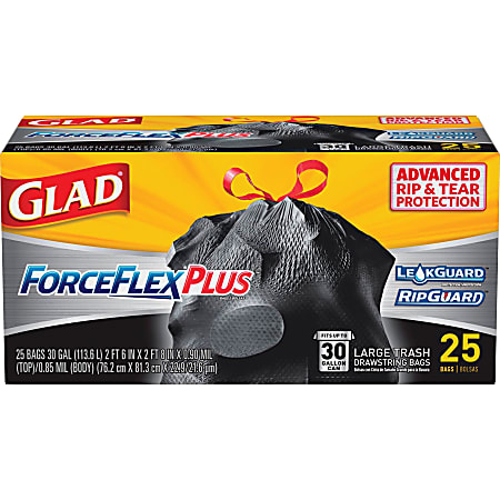 Glad® ForceFlex® Drawstring Trash Bags, 30 Gallons, Black, Box Of 25