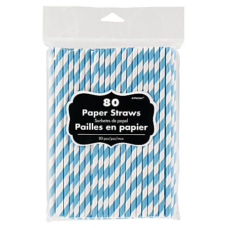 Amscan Striped Paper Straws, 7-3/4", Caribbean Blue, Pack Of 80 Straws