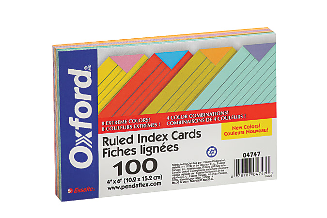 Oxford® Extreme Index Cards, Ruled, 4" x 6", Assorted Colors, Pack Of 100